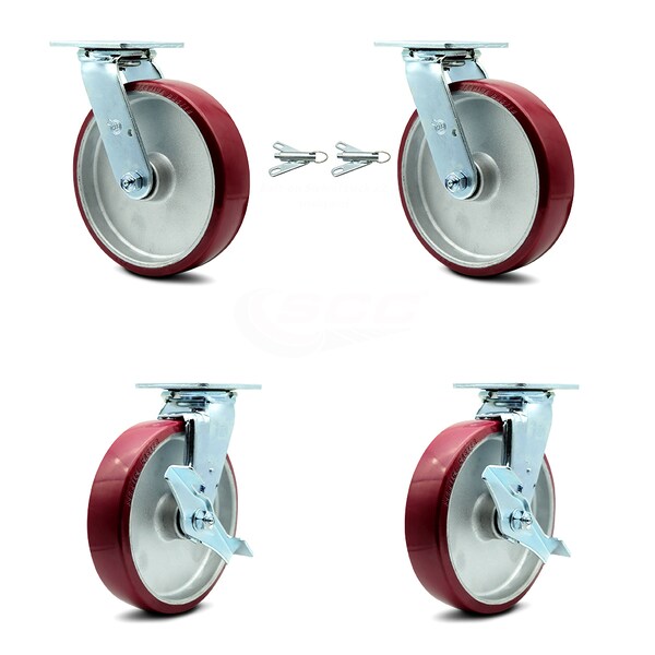8 Inch Poly on Aluminum Caster Set with Roller Bearing 2 Swivel Lock 2 Brake SCC
